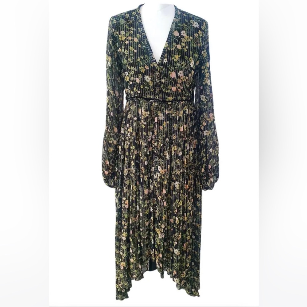 M Rococo Sand Maxi Dress Sheer Black Floral Billowing Sleeves High Low Hem
